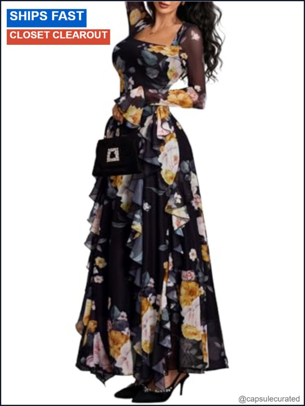 Women's Floral Square Neck Ruffle Maxi Dress with Sheer Mesh Long Sleeves